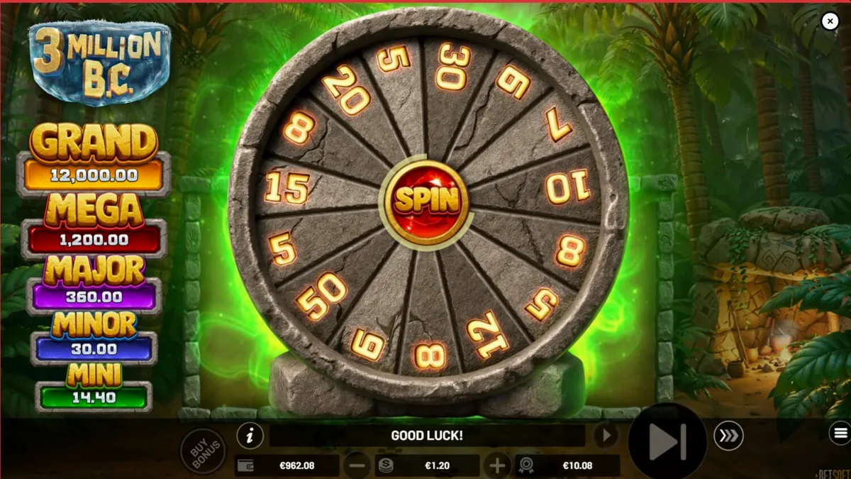 Interface do jogo de slot 3 Million B.C. com temática pré-histórica e roda de bônus.