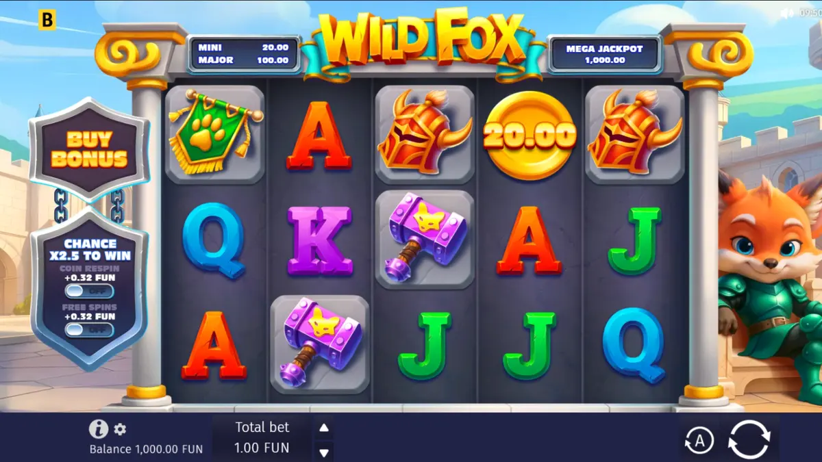 O slot Wild Fox apresentando o personagem principal em um castelo medieval vibrante.